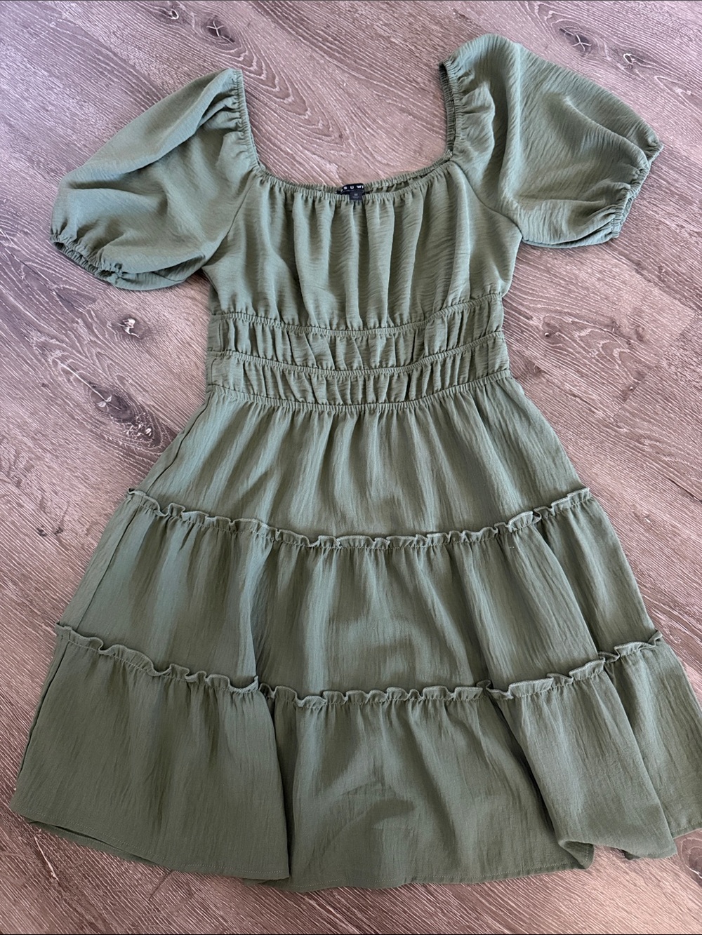 Olive Green Puff Sleeve Tiered Dress